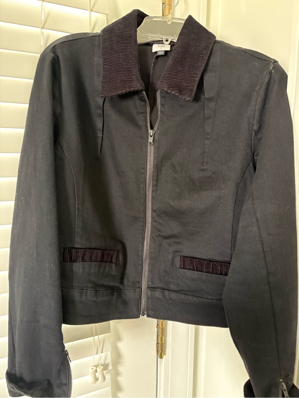 CAbi Shrunken Moto Jacket with Corduroy Collar.